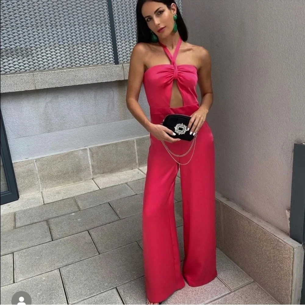 Zara Satin Halter Wide-Leg Jumpsuit in Hot Pink